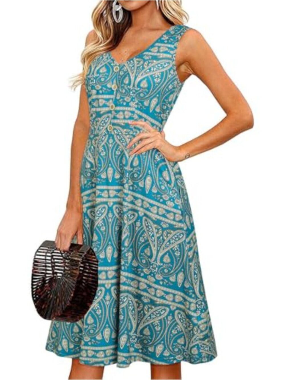Women's Sleeveless V-Neck Floral Midi Dress with Pockets
